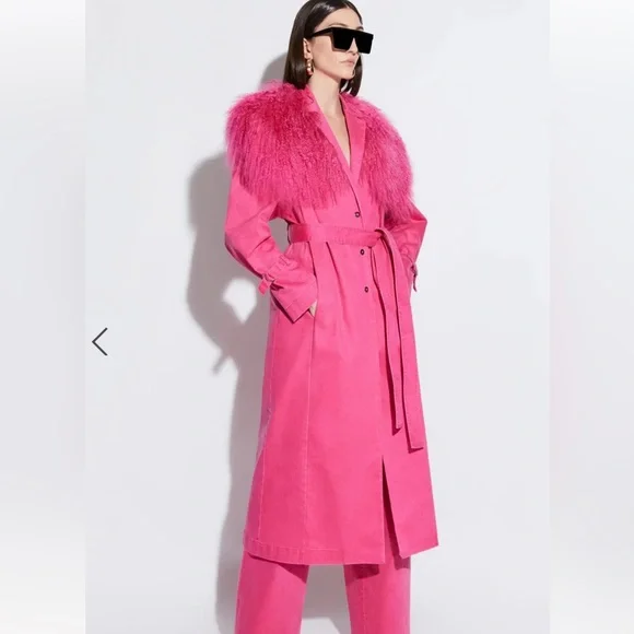 Lapointe Vibrant Pink Fur-Trimmed Trench Coat - Picture 2 of 6